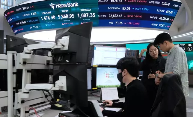 Currency traders work near a screen showing the Korea Composite Stock Price Index (KOSPI), top center, and the foreign exchange rate between U.S. dollar and South Korean won, top center left, at the foreign exchange dealing room of the Hana Bank headquarters, in Seoul, South Korea, Friday, April 10, 2026. (AP Photo/Ahn Young-joon)
