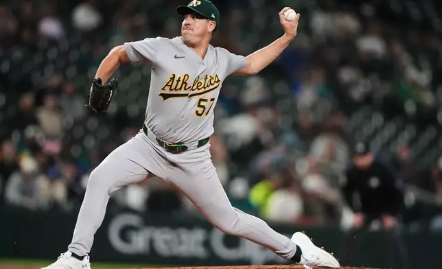 Athletics starting pitcher Jacob Lopez throws against the Seattle Mariners during the second inning of a baseball game, Tuesday, April 21, 2026, in Seattle. (AP Photo/Lindsey Wasson)