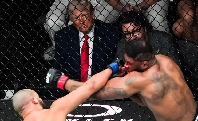 FILE - President Donald Trump and Hunter Campbell attend UFC 327 at Kaseya Center, Saturday, April 11, 2026, in Miami. (AP Photo/Julia Demaree Nikhinson, File)