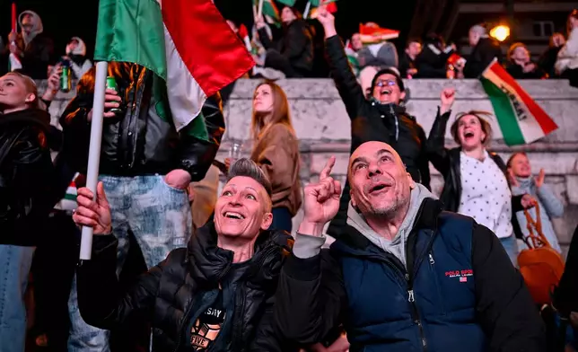 FILE - People react in the streets after the announcement of partial results of the Hungarian parliamentary in Budapest, Hungary, Sunday, April 12, 2026. (AP Photo/Denes Erdos, File)