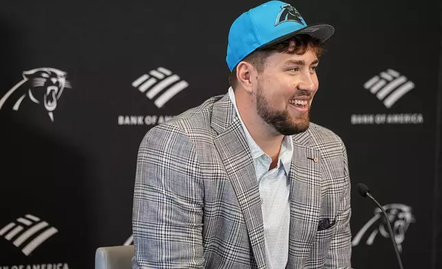 Carolina Panthers first-round draft pick Monroe Freeling speaks during an NFL football news conference, Friday, April 24, 2026, in Charlotte, N.C. (AP Photo/Matt Kelley)