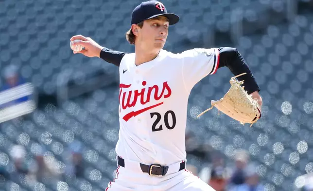 Minnesota Twins starting pitcher Mick Abel delivers during the first inning of baseball game against the Detroit Tigers, Thursday, April 9, 2026, in Minneapolis. (AP Photo/Matt Krohn)