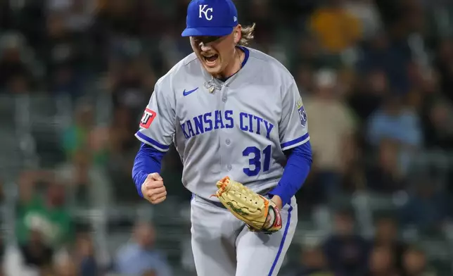 Kansas City Royals Nick Mears reacts after striking out Athletics' Nick Kurtz to end the bottom of the ninth inning of a baseball game Tuesday, April 28, 2026, in West Sacramento, Calif. (AP Photo/Scott Marshall)