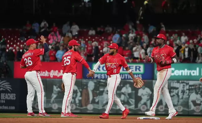 St. Louis Cardinals, from left to right, JJ Wetherholt, Thomas Saggese, Victor Scott II and Jordan Walker celebrate a victory over the Boston Red Sox following a baseball game Friday, April 10, 2026, in St. Louis. (AP Photo/Jeff Roberson)