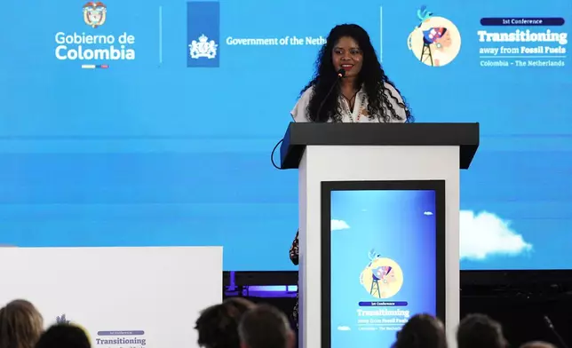 Yuvelis Morales Blanco, a 2026 Goldman Environmental Prize winner, speaks during a conference aimed at transitioning away from fossil fuels Tuesday, April 28, 2026, in Santa Marta, Colombia. (AP Photo/Ivan Valencia)