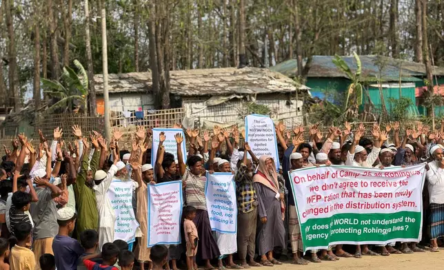 Rohingya refugees struggling to survive in Bangladesh’s overcrowded camps, protest after their food assistance was slashed, in Cox's Bazar, Bangladesh, Wednesday, April 1, 2026. (AP Photo)