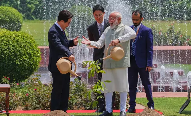 Indian Prime Minister Narendra Modi, second right, and South Korean President Lee Jae Myung, left, water after planting sampling of Ashoka tree in New Delhi, India, Monday, April 20, 2026. (AP Photo/Manish Swarup)
