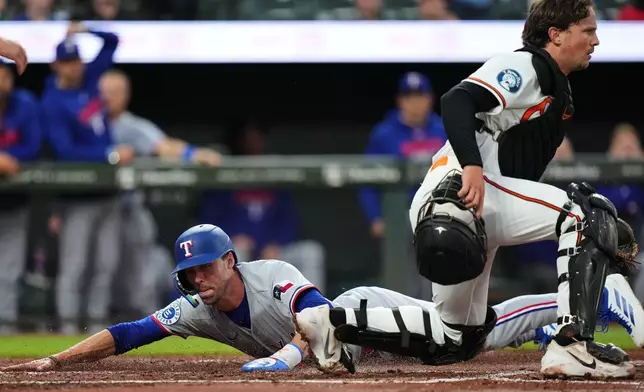Texas Rangers' Evan Carter, left, scores past Baltimore Orioles catcher Adley Rutschman, right, on an RBI hit by Rangers' Brandon Nimmo (24) during the second inning of a baseball game, Monday, March 30, 2026, in Baltimore. (AP Photo/Stephanie Scarbrough)
