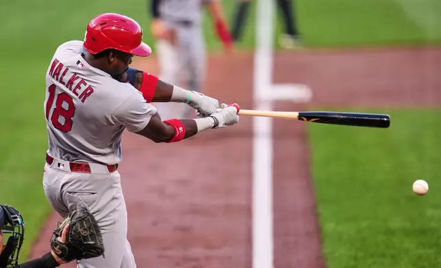 St. Louis Cardinals' Jordan Walker singles off Pittsburgh Pirates pitcher Braxton Ashcraft, driving in a run, during the third inning of a baseball game in Pittsburgh, Thursday, April 28, 2026. (AP Photo/Gene J. Puskar)