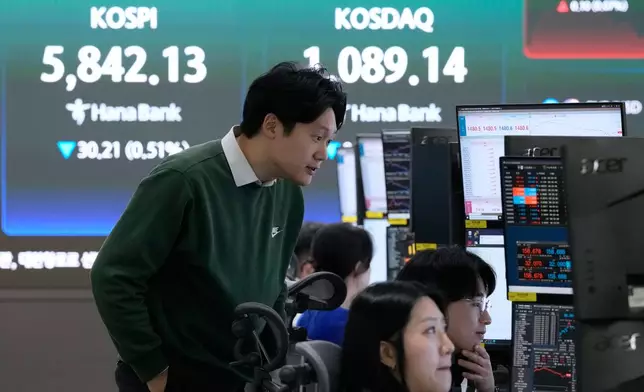 Currency traders watch monitors near a screen showing the Korea Composite Stock Price Index (KOSPI), top left, at the foreign exchange dealing room of the Hana Bank headquarters in Seoul, South Korea, Thursday, April 9, 2026. (AP Photo/Ahn Young-joon)