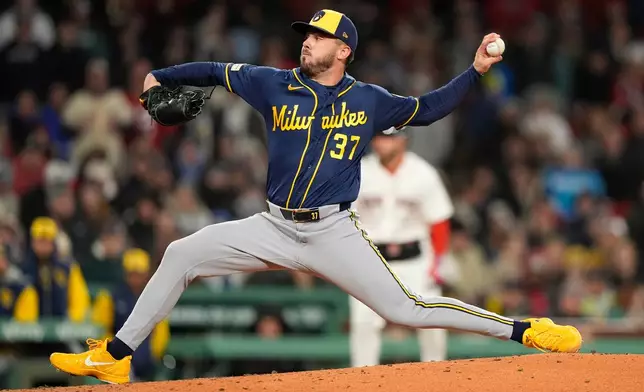 Milwaukee Brewers pitcher Dl Hall pitches in the sixth inning of a baseball game against the Boston Red Sox Tuesday, April 7, 2026, in Boston. (AP Photo/Robert F. Bukaty)