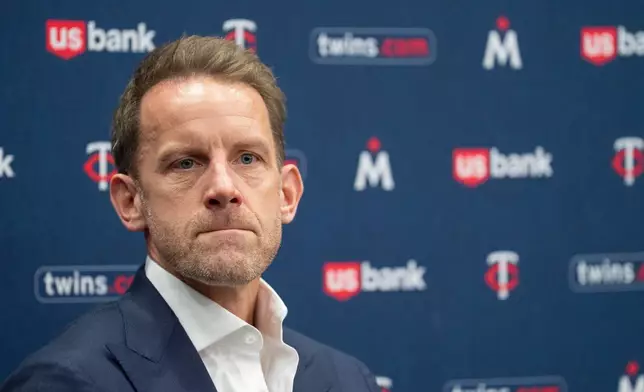FILE - Minnesota Twins' Tom Pohlad speaks during a baseball news conference in Minneapolis, Wednesday, Dec. 17, 2025. (Alex Kormann/Minnesota Star Tribune via AP, File)