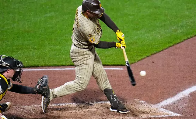 San Diego Padres' Ramón Laureano, right, doubles off Pittsburgh Pirates pitcher Justin Lawrence (no shown), driving in a run, during the eighth inning of a baseball game in Pittsburgh, Monday, April 6, 2026. (AP Photo/Gene J. Puskar)