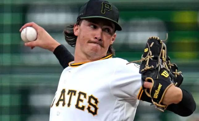 Pittsburgh Pirates pitcher Bubba Chandler delivers during the first inning of a baseball game against the San Diego Padres in Pittsburgh, Monday, April 6, 2026. (AP Photo/Gene J. Puskar)