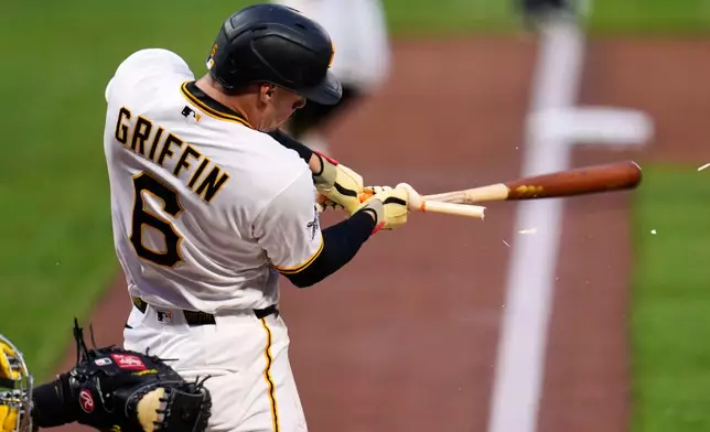 Pittsburgh Pirates' Konnor Griffin (6) breaks his bat on a throw from San Diego Padres pitcher Germán Márquez and grounds out to end the bottom of the second inning of a baseball game in Pittsburgh, Monday, April 6, 2026. (AP Photo/Gene J. Puskar)