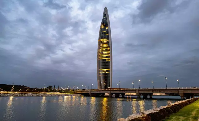 A view of Mohammed VI tower, the tallest tower in Morocco and one of the tallest in Africa, after its opening, in Sale, near Rabat, Morocco, Thursday, April 23, 2026. (AP Photo)