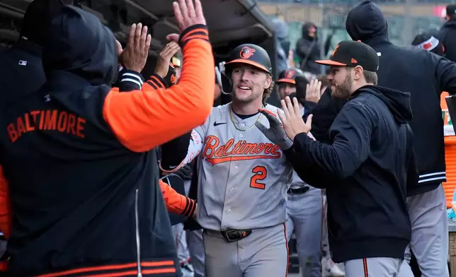 Baltimore Orioles designated hitter Gunnar Henderson (2) celebrates after hitting a two-run home run during the seventh inning of a baseball game against the Chicago White Sox, Tuesday, April 7, 2026, in Chicago. (AP Photo/Erin Hooley)