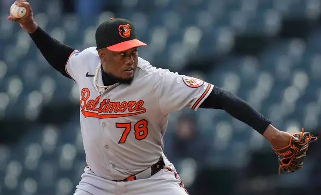 Baltimore Orioles pitcher Yennier Cano (78) throws against the Chicago White Sox during the seventh inning of a baseball game, Tuesday, April 7, 2026, in Chicago. (AP Photo/Erin Hooley)