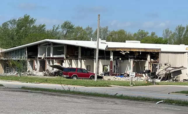 A damaged building in Ottawa, Kansas, is shown on Tuesday, April 14, following severe storms. (AP Photo/Nick Ingram)
