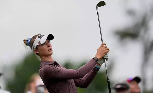 Nelly Korda watches her tee shot on the ninth hole during the second round of the Chevron Championship LPGA golf tournament Friday, April 24, 2026, in Houston. (AP Photo/David J. Phillip)