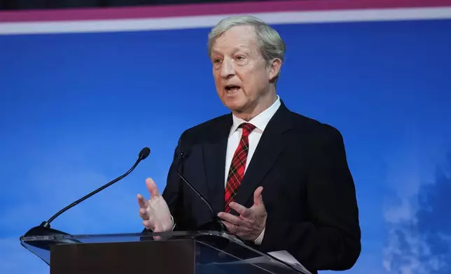 Tom Steyer speaks during a gubernatorial debate hosted by CBS LA at Pomona College in Claremont, Calif., Tuesday, April 28, 2026. (AP Photo/Jae C. Hong)