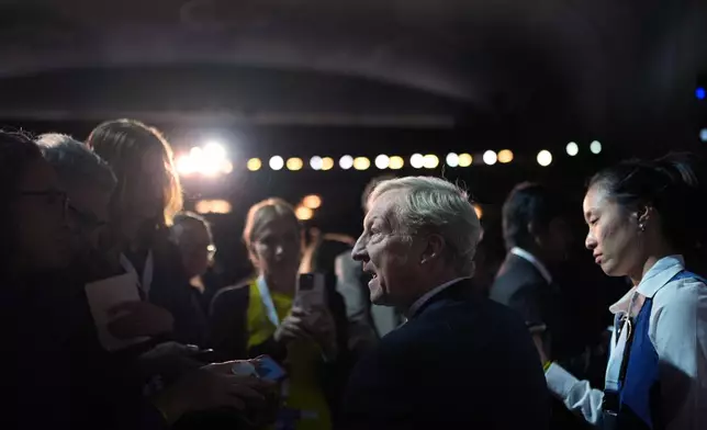 Tom Steyer speaks with members of the media following a California gubernatorial debate hosted by CBS LA at Pomona College in Claremont, Calif., Tuesday, April 28, 2026. (AP Photo/Jae C. Hong)