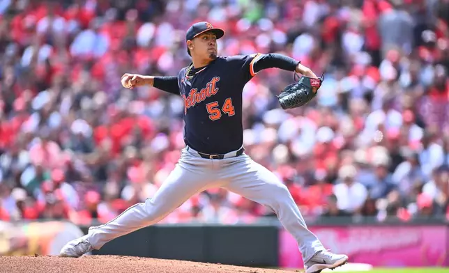 Detroit Tigers pitcher Keider Montero throws during the first inning of a baseball game against the Cincinnati Reds in Cincinnati, Sunday, April 26, 2026. (AP Photo/Ben Jackson)