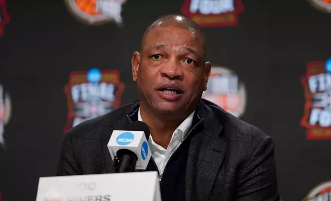 Naismith Hall of Fame Class of 2026 inductee Doc Rivers speaks during a news conference at the Final Four of the NCAA college basketball tournament, Saturday, April 4, 2026, in Indianapolis. (AP Photo/Michael Conroy)
