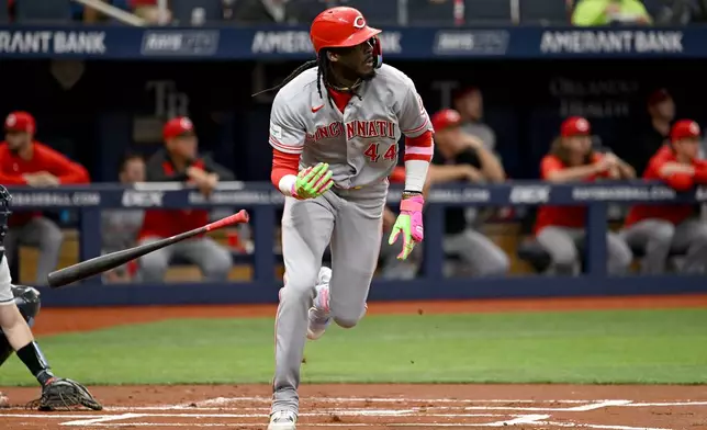 Cincinnati Reds' Elly de la Cruz hits a two run home run during the first inning of a baseball game against the Tampa Bay Rays Tuesday, April 21, 2026, in St. Petersburg, Fla. (AP Photo/Jason Behnken)