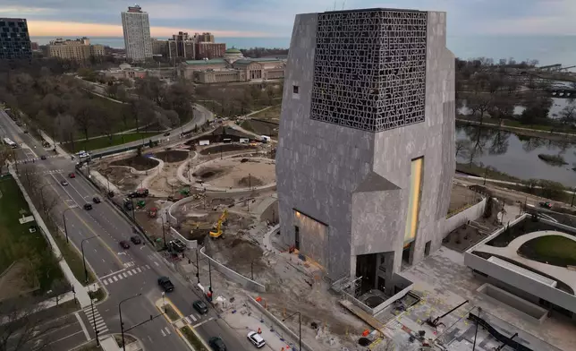 An aerial view of the Obama Presidential Center in Chicago, Thursday, April 9, 2026. (AP Photo/Erin Hooley)