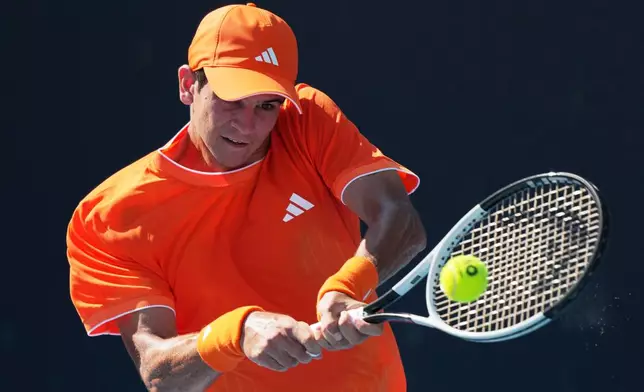 FILE - Rafael Jodar of Spain plays a backhand return to Rei Sakamoto of Japan during their first round match at the Australian Open tennis championship in Melbourne, Australia, Tuesday, Jan. 20, 2026. (AP Photo/Dar Yasin,File)