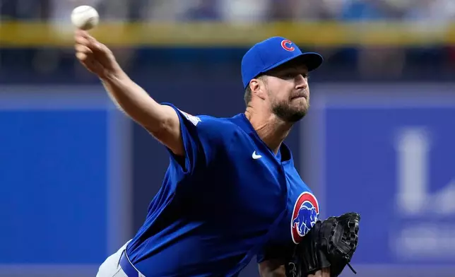 Chicago Cubs pitcher Colin Rea delivers to the Tampa Bay Rays during the first inning of a baseball game Wednesday, April 8, 2026, in St. Petersburg, Fla. (AP Photo/Chris O'Meara)