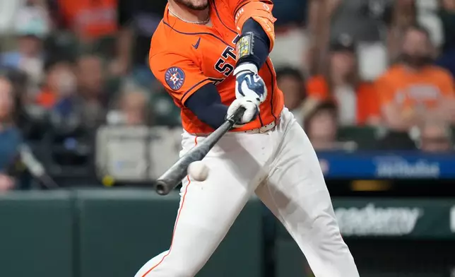 Houston Astros' Yainer Diaz hits an RBI single against New York Yankees starting pitcher Will Warren during the second inning of a baseball game, Friday, April 24, 2026, in Houston. (AP Photo/ Karen Warren)