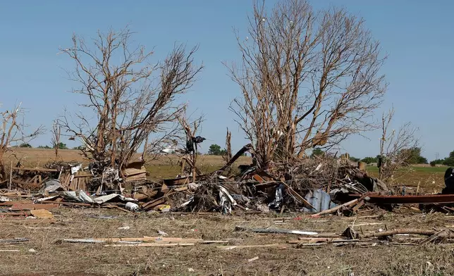 Trees stripped of the leaves and bark are filled with debris Friday, April 24, 2026, in a neighborhood that was damaged by a tornado Thursday in Enid, Okla. (AP Photo/Alonzo Adams)