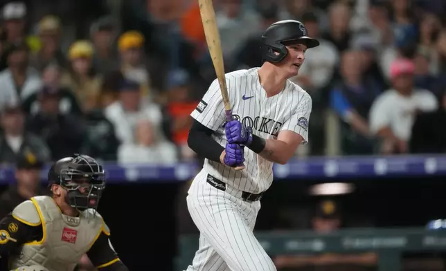 Colorado Rockies' TJ Rumfield follows the flight of his RBI single off San Diego Padres relief pitcher Kyle Hart in the fourth inning of a baseball game Wednesday, April 22, 2026, in Denver. (AP Photo/David Zalubowski)