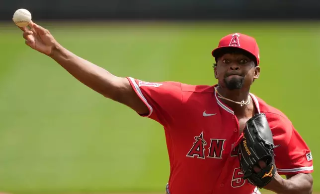 Los Angeles Angels pitcher José Soriano throws during the first inning of a baseball game against the Cincinnati Reds in Cincinnati, Sunday, April 12, 2026. (AP Photo/Carolyn Kaster)