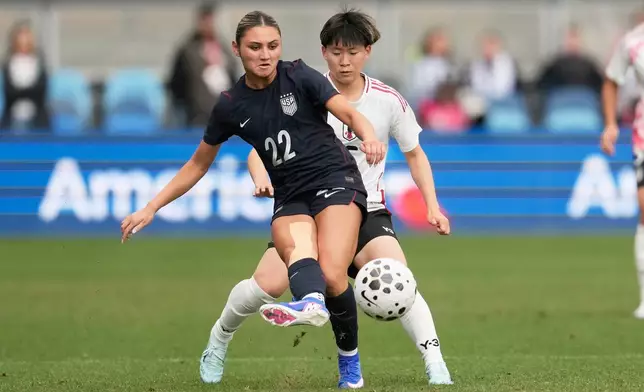 The United States' Gisele Thompson (22) kicks the ball in front of Japan's Aoba Fujino during the first half of an international friendly soccer match Saturday, April 11, 2026, in San Jose, Calif. (AP Photo/Jeff Chiu)