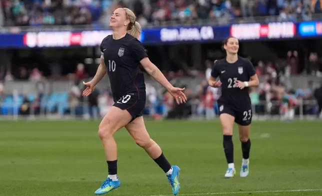 The United States' Lindsey Heaps (10) celebrates after scoring against Japan during the second half of an international friendly soccer match Saturday, April 11, 2026, in San Jose, Calif. (AP Photo/Jeff Chiu)