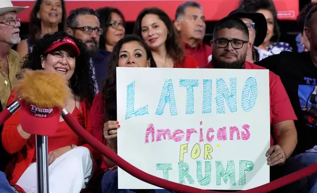 FILE - Supporters hold a sign before Republican presidential nominee former President Donald Trump arrives to speak during a campaign event, Sept.12, 2024, in Tucson, Ariz. (AP Photo/Alex Brandon, File)