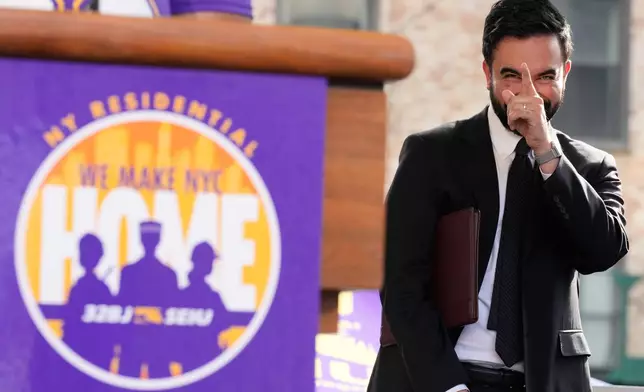 New York City mayor Zohran Mamdani reacts while he is introduced during a union rally on Park Avenue, in New York, Wednesday, April 15, 2026. (AP Photo/Seth Wenig)