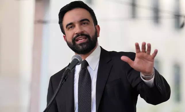 New York City mayor Zohran Mamdani speaks during a union rally on Park Avenue, in New York, Wednesday, April 15, 2026. (AP Photo/Seth Wenig)