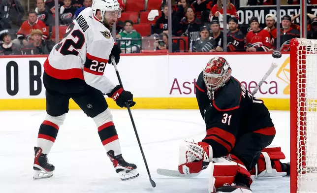 Carolina Hurricanes goaltender Frederik Andersen (31) has the shot of Ottawa Senators' Michael Amadio (22) go off the crossbar during the second overtime of Game 2 of an NHL hockey Stanley Cup first-round playoff series in Raleigh, N.C., Monday, April 20, 2026. (AP Photo/Karl DeBlaker)