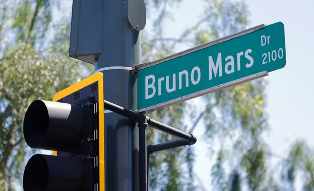 Bruno Mars Drive is shown at the Las Vegas Strip Friday, April 10, 2026, in Las Vegas, on "Bruno Mars Day." (Steve Marcus/Las Vegas Sun via AP)