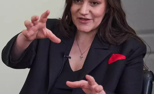 Ukraine's Culture Minister Tetiana Berezhna speaks during an interview with the Associated Press in Kyiv, Ukraine, on Feb.. 20, 2026. (AP Photo/Efrem Lukatsky)