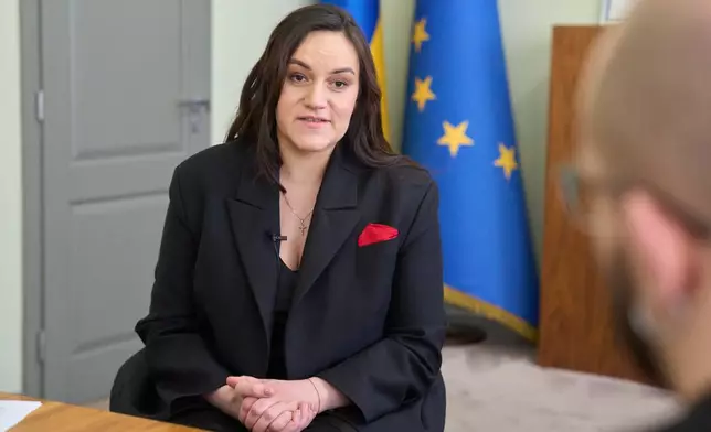 Ukraine's Culture Minister Tetiana Berezhna speaks during an interview with the Associated Press in Kyiv, Ukraine, on Feb. 20, 2026. (AP Photo/Efrem Lukatsky)