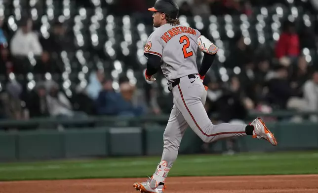 Baltimore Orioles' Gunnar Henderson runs the bases after hitting a home run during the sixth inning of a baseball game against the Chicago White Sox, Monday, April 6, 2026, in Chicago. (AP Photo/Erin Hooley)