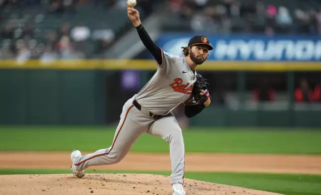 Baltimore Orioles starting pitcher Brandon Young throws against the Chicago White Sox during the first inning of a baseball game Monday, April 6, 2026, in Chicago. (AP Photo/Erin Hooley)