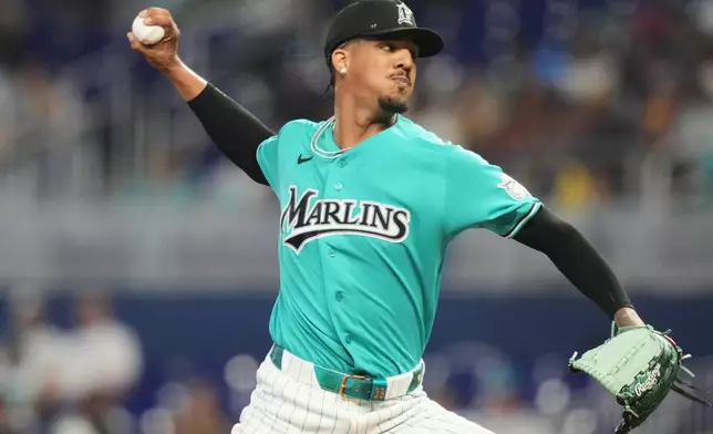 Miami Marlins starting pitcher Eury Perez throws during the first inning of a baseball game against the Milwaukee Brewers, Sunday, April 19, 2026, in Miami. (AP Photo/Lynne Sladky)