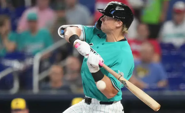 Miami Marlins Kyle Stowers is hit by a pitch thrown by Milwaukee Brewers pitcher Jacob Misiorowski during the first inning of a baseball game, Sunday, April 19, 2026, in Miami. (AP Photo/Lynne Sladky)