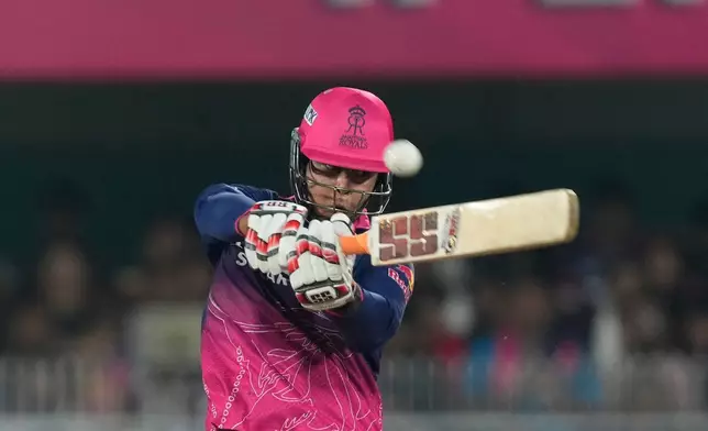 Rajasthan Royals' Vaibhav Sooryavanshi plays a shot during the Indian Premier League cricket match between Royal Challengers Bengaluru and Rajasthan Royals in Guwahati, India, Friday, April 10, 2026. (AP Photo/Anupam Nath)
